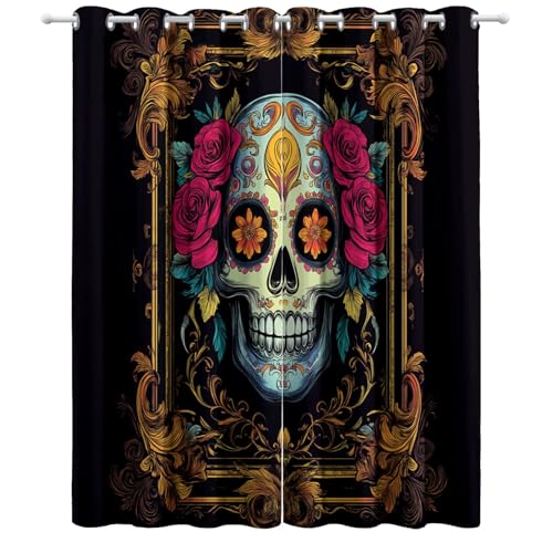 Cortinas Salon Ojales Cráneo Floral gótico Cortinas Invierno 117An x 138Al cm (2 Paneles) Cortinas Oro Termica Dormitorio Suave Cortina Habitacion Cortinas Opacas