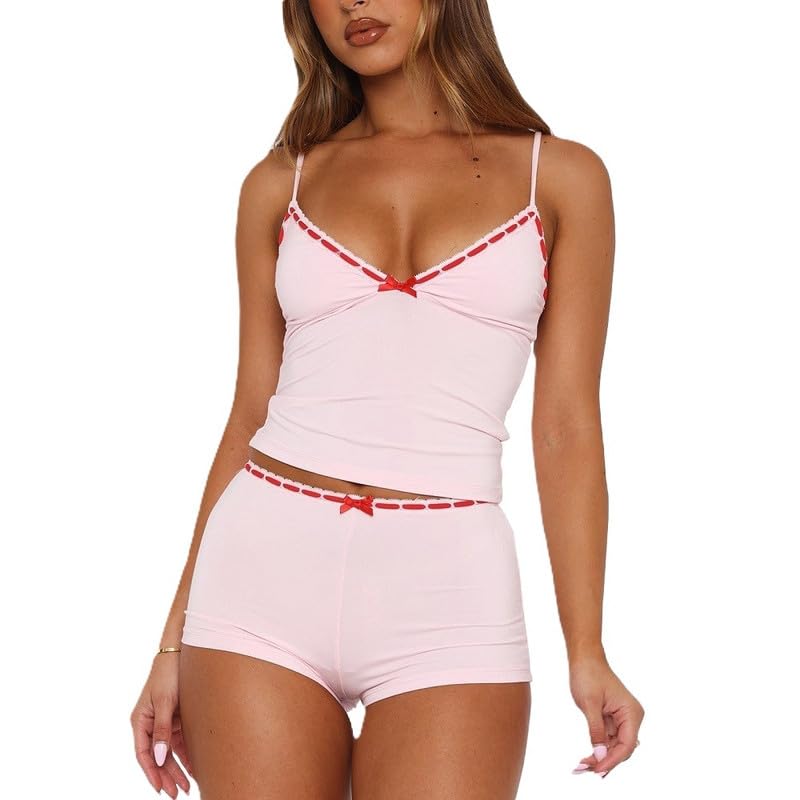 Image of Womens Y2K Cute Print Cami Pajama Sets Lace Trim V Neck Tank Top Shorts Set Bow Heart Print 2 Piece Sleepwear