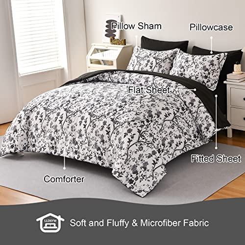 Image of King Size Comforter Set - 7 Pieces Bed in a Bag Soft Microfiber Bedding Comforter Set Leaves Floral Pattern on White Comforter Sets with Sheets for All Seasons (King, Black)