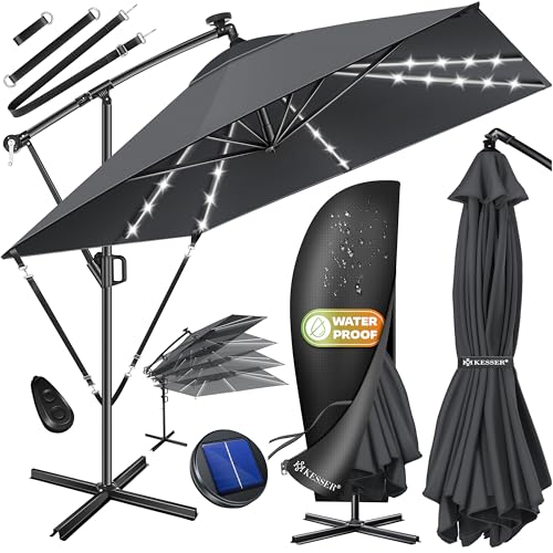 KESSER Ampelschirm Sonnenschirm Rechteckig | Kurbel-Schirm mit Ständer UV-Schutz Aluminium Wasserabweisend 250 x 250 cm Gartenschirm inkl. Windsicherung & Abdeckung Anthrazit
