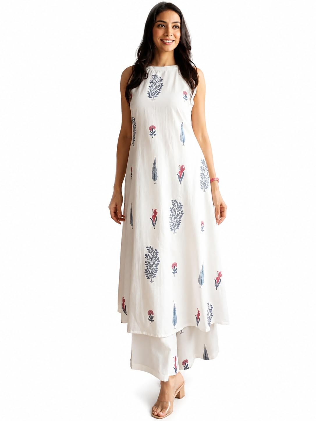 BilvapatraWomen Off-White Printed Sleeveless Kurta Palazzo Set | Pure Cotton Halter Neck A-Line Long Kurti with Bottom Wear for Casual-image-2
