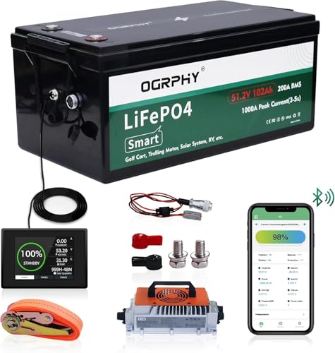 OGRPHY 48V Lithium Golf Cart Battery, with 12V DC Interface, 18A Charger, Touch LCD Monitor, 200A BMS, 1000A(3-5) Peak Current 10 Yrs Lifespan Perfect for Golf Cart, Trolling Motor(51.2V 102Ah)