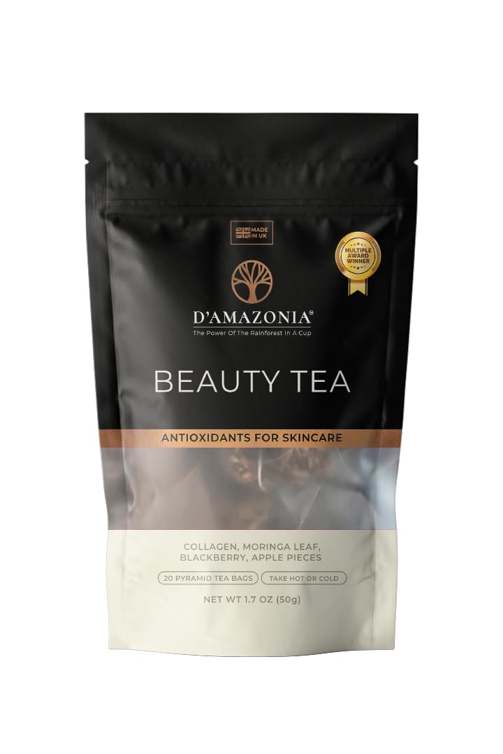 D'AmazoniaCollagen Tea | Collagen Peptides, Moringa, Turmeric, Green Tea, Hibiscus | Pack of 20 Pyramid Tea Bags | Made in The UK