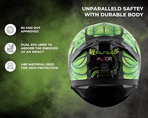 Image of Axor Apex Venomous ISI ECE DOT Certified Full Face Dual Visor Helmet for Men and Women with Pinlock Fitted Outer Clear Visor and Inner Smoke Sun Visor Black Neon Green(XL)