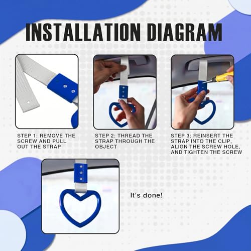 Image of 2PCS Heart Shaped Car Handle Straps, Rear Bumper Warning Keychain Ring for Car Exterior Accessories (Blue-Silver)