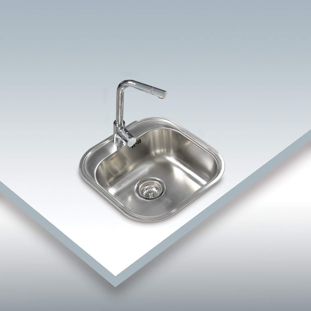 Cata Fregadero Cocina Sobre Encimera CS-1, 1 Cubeta Cuadrada 46,5x48,5 cm, Profundidad 16,5cm, Grosor 0,8mm, Fonoabsorbente, Acero Inoxidable AISI, Accesorios Incluidos, Color Gris