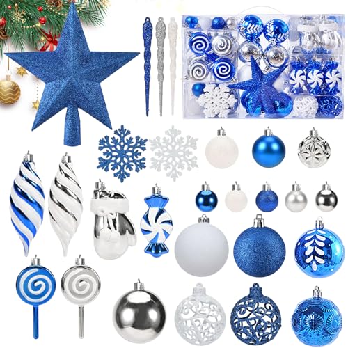 Bolas de Natal, 130 peças bolas de árvore de Natal de plástico inquebrável, ornamentos suspensos para árvore de Natal, enfeites árvore de Natal para quarto interior de decoração (azul)