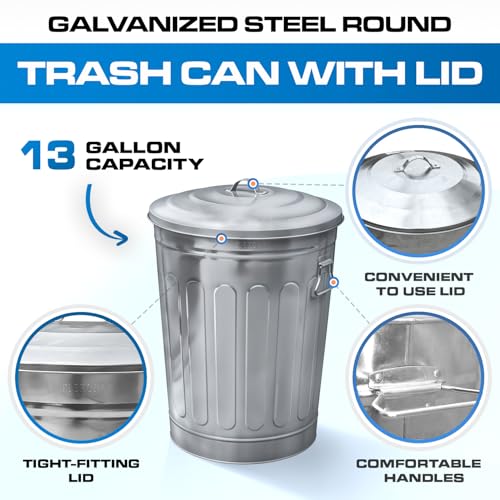 Image of Plexon 13 Gallon Outdoor Metal Trash Can with Lid Vintage Trash Can Steel Retro Garbage Can for Patio Farmhouse Rustic Bird Seed Storage Pet Food Ash Bucket, Galvanized Steel 6 Pack