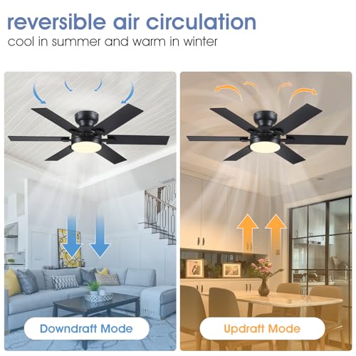 Image of 52 inchModern 6-Blades Black Low Profile Flush Mount Ceiling Fans with Light | Supports Remote and APP,6 Wind Speeds, Reversible, Dimmable 3 Light Colors LED Light, Quiet DC Motor,6 Double-Sided Blades