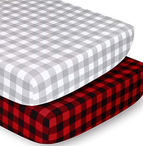 Image of The Peanutshell Crib Sheet Set for Baby Boys or Girls - Red, Black & Grey Buffalo Plaid - 2 Pack Set