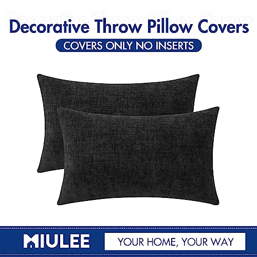 Image of MIULEE Halloween Pack of 2 Couch Throw Pillow Covers 12x20 Inch Soft Black Chenille Lumbar Pillow Covers for Sofa Living Room Solid Dyed Cases