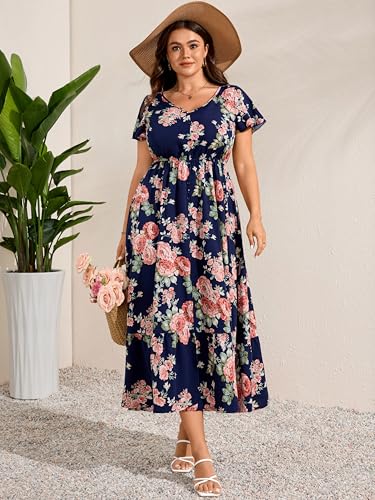 Image of RWJ Women Plus Size Maxi Dress V Neck Short Sleeve Button Trim Split Flowy Tiered Casual Long Dresses 2025 L-3XL