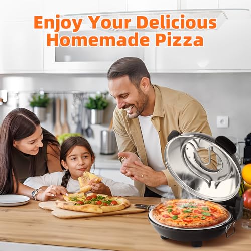Image of Electric-Pizza-Oven-Indoor, 12 Inches Countertop Cooker,800℉ Electric Pizza Maker with Timer, Ceramic Stone, Viewing Window, Complete Accessory Kit, Black