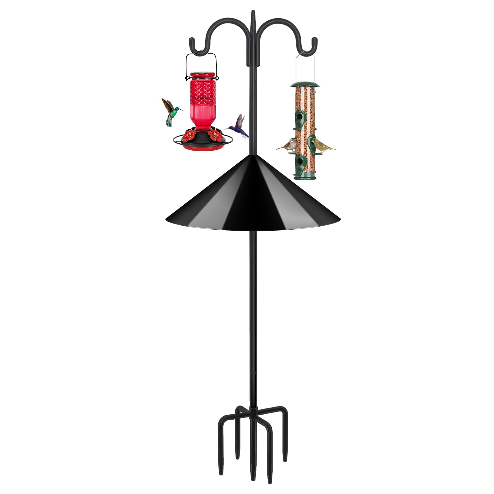 FEED GARDEN Heavy Duty Shepherds Hook Squirrel-Proof Bird Feeder Pole 108" Double Hooks 5-Prong Base &amp; 19" Baffle for Outdoor Feeders &amp; Plants