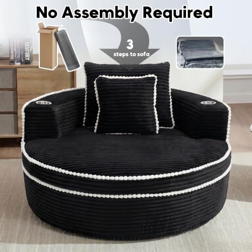 Image of Oversized Round Chair Lounge Chaise Indoor, 54.3 inch Upholstered Corduroy Deep Seat Single Cloud Sofa Chair with Cup Holder, Modern Large Circle Boneless Sleeper Sofa for Living Room, Black