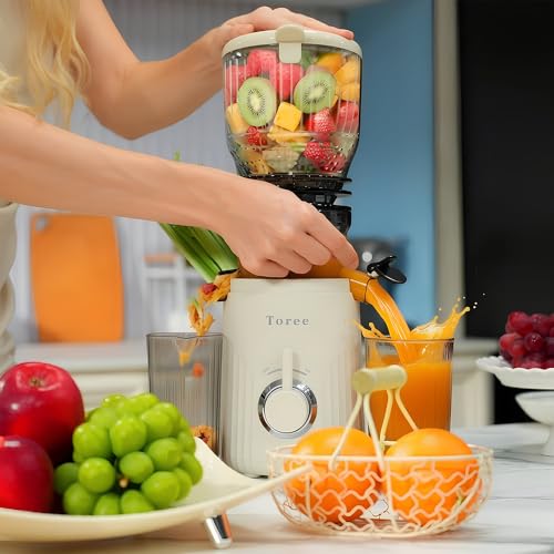 Image of Toree Juicer Machine, 105 mm Feed Chute Slow Cold Press Juicer for Fruits, Vegetables, Nut /coconut milk, sorbet, Easy to Clean, 200W motor-heavy duty -1 Year Replacement warranty-White