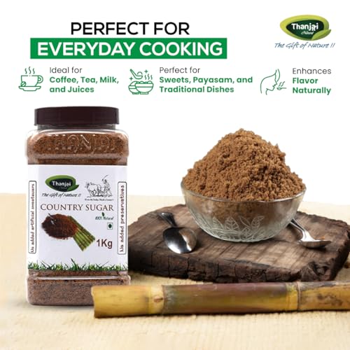 Image of Thanjai Natural 1kg Jar Sugarcane Jaggery Powder /Country Brown Sugar /Naatu Sakkarai - 100% Natural (1kg Jar)