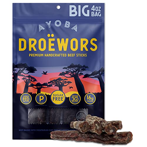 Ayoba Traditional Droewors Grass Fed Beef Paleo Sticks (4 Ounce, Pack of 1) - Keto Friendly, Air-Dried Beef Protein Snacks - Low Carb, Gluten Free, Nitrate Free, No Sugar, Meat Snacks