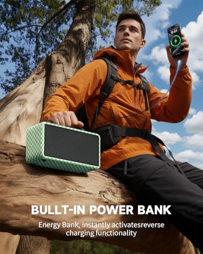 Image of DINDIN Portable Bluetooth Speaker: 80W (Peak), 20H Playtime, Loud Wireless Wood Speakers with Bass, AUX and USB Input, Subwoofer, TWS Pairing, Vintage Speaker for Outdoor, Home, Office (White+Green)