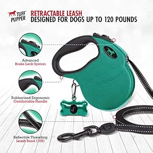 Tuff Pupper Heavy Duty Retractable Dog Leash | 16 ft Dog Leash with Reflective Stitching for Nighttime Safety | One Button Lock and Release | Comfortable Hand Grip | for Dogs Up to 120 lbs