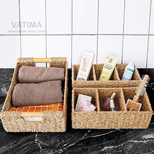 3 Compartment Storage Baskets For Organizing, Seagrass Toilet Paper Small Basket, Large Seagrass Storage Baskets For Shelves, Set Of Hand-Woven Natural Wicker Storage Basket - 3 Pack #TOP6