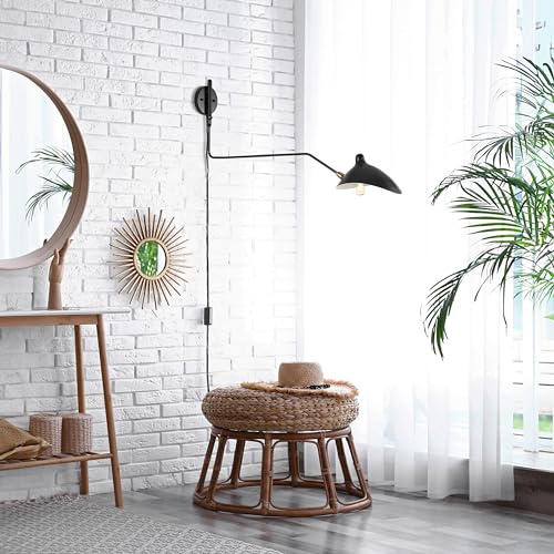 Image of JONATHAN Y Frank 1-Light Wall Sconce Swing Arm Metal 35 inch, Black /Brass Gold | Mid-Century Modern, Adjustable Bowl Shade, Retro, Plug-In, Down Light, LED Bulb Included