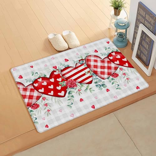 Valentine's Day Kitchen Bath Door Mat Cushioned Runner Rug,Washable Welcome Floor Sink Antifatigue Mat,Waterproof & Non-Slip Comfort Standing Doormat,Valentines Love Leaves Buffalo Plaid 18