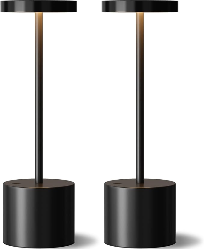 Cordless Rechargeable Table Lamp, 4000mAh Battery Operated, Black, 2 Pack