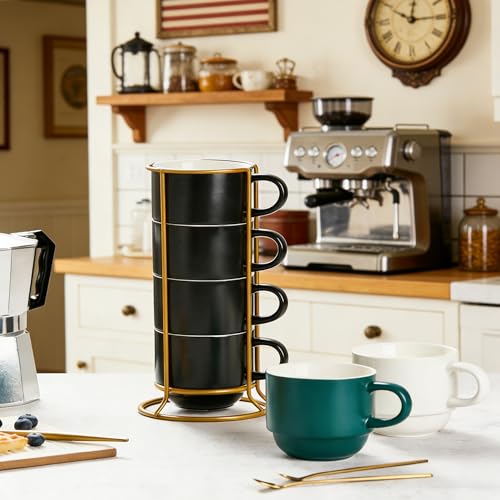 Set de 4 tazas de café de porcelana apilables con soporte miniatura 5