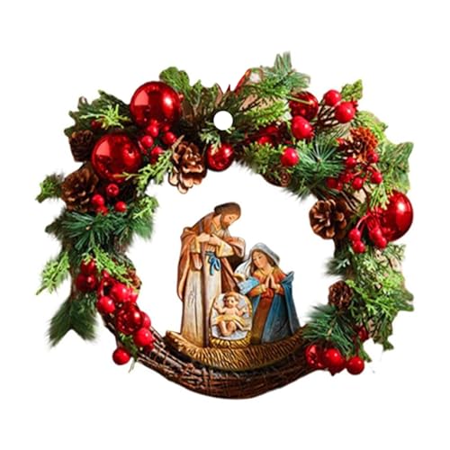 Couronne de Noël Sainte Famille - Couronne de porte d'entrée avec lumières - Figurine de la Nativité - Baie rouge - Ornements à suspendre pour fenêtres, décoration murale intérieure ou extérieure