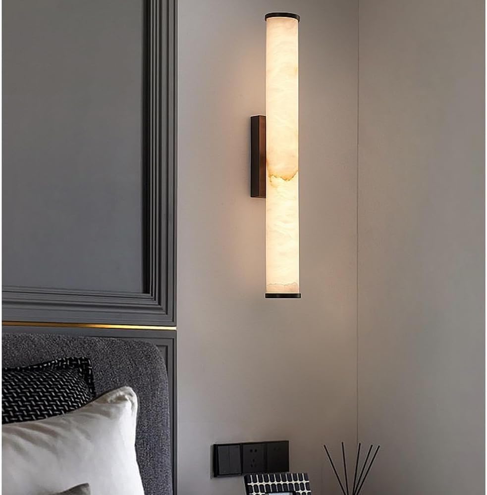 Apliques de Pared españoles de mármol Natural, Apliques de Tira de alabastro, lámparas de Interior Totalmente de Cobre para Dormitorio, Escalera, Sala de Estar, Pasillo (Oscuro, me