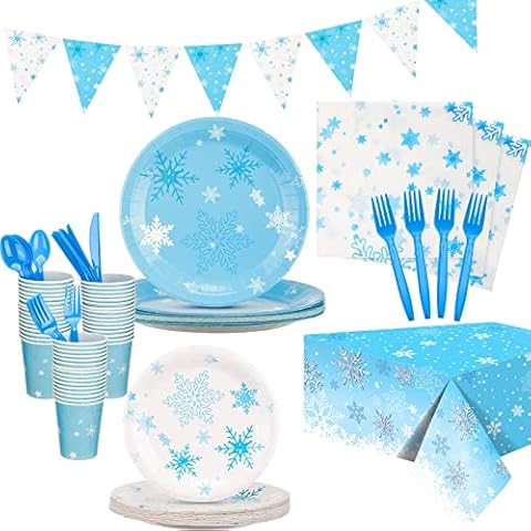Kenning 118 Pcs Winter Wonderland Plates Snowflake Plates Napkins Party Supplies Cups Plastic Cutlery Tablecloth Triangle Banner for Winter Wonderland Birthday Party Decorations Cover