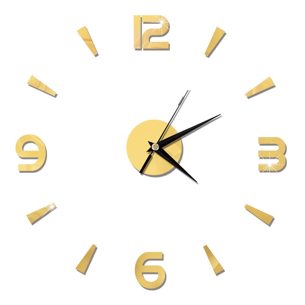 Horloge murale 3D sans cadre dorée miroir en acrylique DIY pour salon