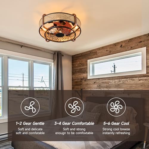 hualuosi 18.9in Boho Ceiling Fan with Lights Flush Mount Fandelier Ceiling Light with Fan Rattan Farmhouse Ceiling Fan Caged Fan Lighting with Remote Reversible 6 Speeds Motor E26 Base by hualuosi - Used condition - Image 4