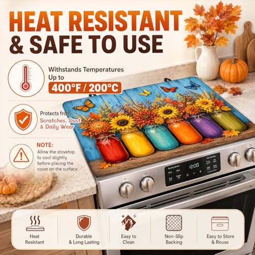 Image of Stove Top Cover for Electric Stove 28 inchx 20 inch, Fall Floral Mason Jar Garden With Butterflies Glass Top Stove Cover Protector, Glass Cooktop Covers, Kitchen Flat Electric Stove Top Covers