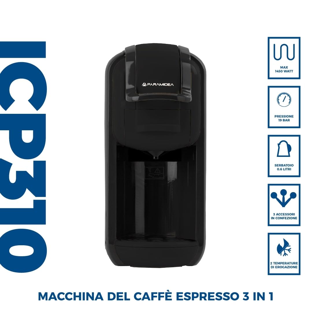 PYRAMIDEA Macchina per Caffè 3 in 1 Compatibile con Nespresso Dolcegusto e Cialde Bevande Fredde da 0,6L Nero ICP310B