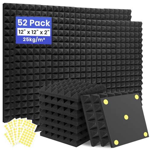 Focusound 52 Pack Sound Proof Foam Panels for Walls, 12" X 12" X 2" Pyramid Acoustic Foam Panels, High Density Noise Reduction Soundproof Panels for Studio Game Room with 300PCS Double-Side Adhesive