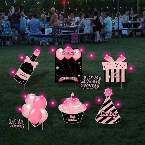Combojoy Happy Birthday Yard Signs With Stake - 6 Pcs Black & Pink Lawn Signs, Personalized Ages,Sparkling At Night - Outdoor Lawn Decorations #TOP2