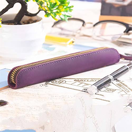 Image of Retro Crazy Horse Genuine Leather Stationery Pencil Case Storage Bag Casual Stationery Box (Purple)
