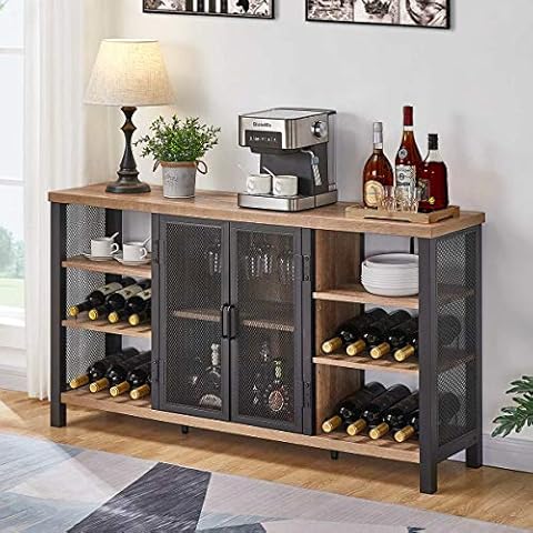 FATORRI Industrial Wine Bar Cabinet for Liquor and Glasses, Farmhouse Wood Coffee Bar Cabinet with Wine Rack, Metal Sideboard and Buffet Cabinet (55 Inch, Rustic Oak) Cover