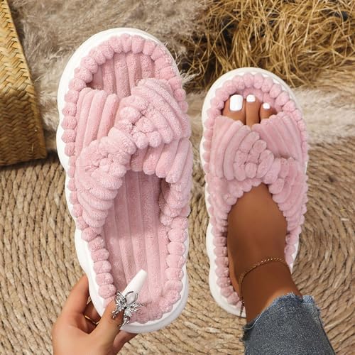 Women Bow Slide Slipper, Summer Corduroy Indoor Platform Slippers, Open Toe House Flats Slipper with Memory Foam, Non-Slip Fuzzy Cross Bands Bedroom Shoes2