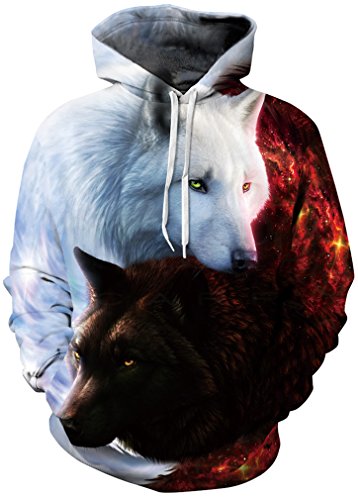 FLYCHEN Men's Digital Print Sweatshirts Hooded Top Galaxy Pattern Hoodie Red White Wolves 2XL3XL