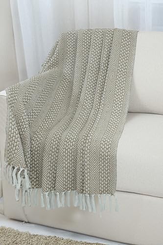 Image of HAKAM Cotton Throw Blanket with Macrame Tassels for 3 Seater Sofa | Ideal for Your Home, Living Room, Sofa, Bed, Chair, Picnic & Used for Gift - 50X70 inch (Beige & White, Small Single)