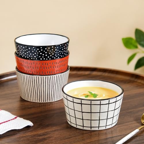 Image of Nestasia Ceramic Snack Bowl Set of 4 (400ml Each) - BPA-Free, Food Safe Bowl Set for Serving Soup, Rice, Dal, & Salad | Colourful Textured Bowls with Glossy Finish - Ideal for Gifting