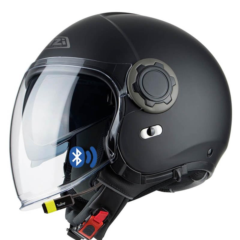 NZI RINGWAY Duo Solid Negro Mate - Bluetooth Twiins HF3 Intercom Integrado - Casco de Moto Jet Abierto con Visor Solar Homologado ECE