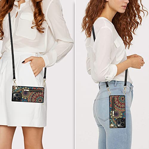 Hoggu Crossbody Iphone 14 Pro Max Case Wallet With Card Holder, Floral Leather Iphone 14 Pro Max Crossbody Case With Strap, Stand, Zipper Purse, Protective Square Phone Case For Women Girls-Mandala #TOP3