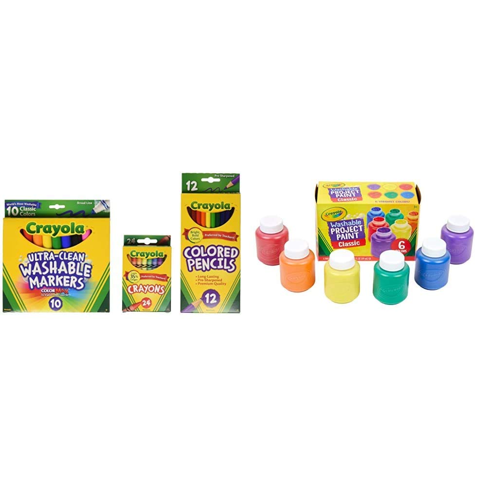 Crayola Back To School Supplies, Grades 3-5, Ages 7, 8, 9, 10 (Amazon Exclusive) & Washable Kids Paint, 6 Count, Kids At Home Activities, Painting Supplies, Gift, Assorted