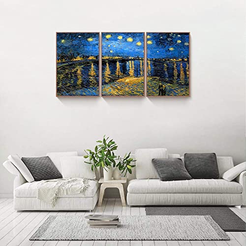 Full House Framed Canvas Wall Art Of Van Gogh Oil Paintings - Starry Night Over The Rhone - Impressionism Aesthetic Canvas Prints Artwork For Living Room Bedroom Office Home, 3 Panels #TOP3