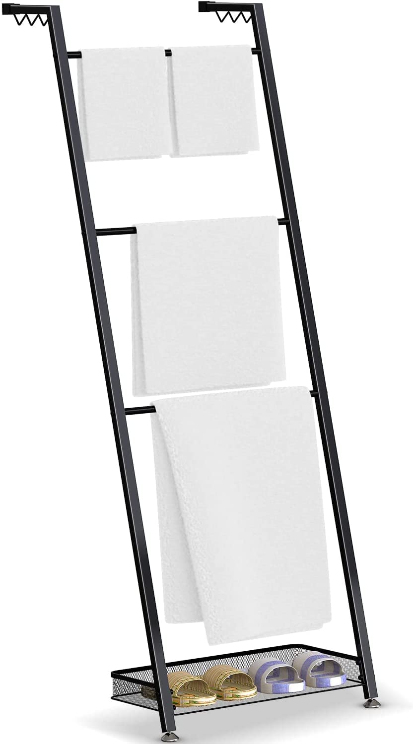 INDIAN DECOR 41402 Towel Blanket Ladder with Storage Basket, Metal Freestanding Leaning Blanket Towel Rack Ladder for Bathroom, Living Room, Kitchen -Black