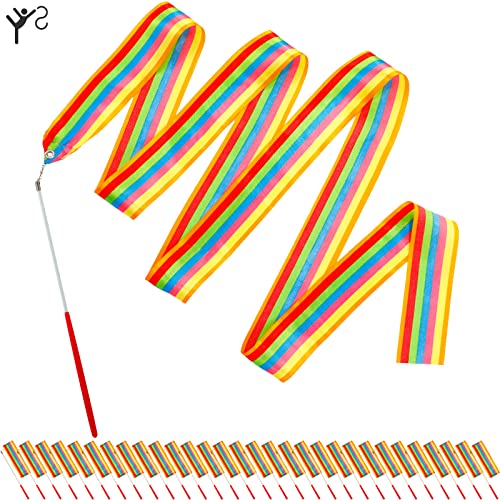 30 Pieces Gymnastics Ribbon Wands Dancing Dance Ribbons Streamers 6.6 Feet Artistic Rainbow Twirling Ribbons for Gymnastics Party Favors with Non-Slip Handle